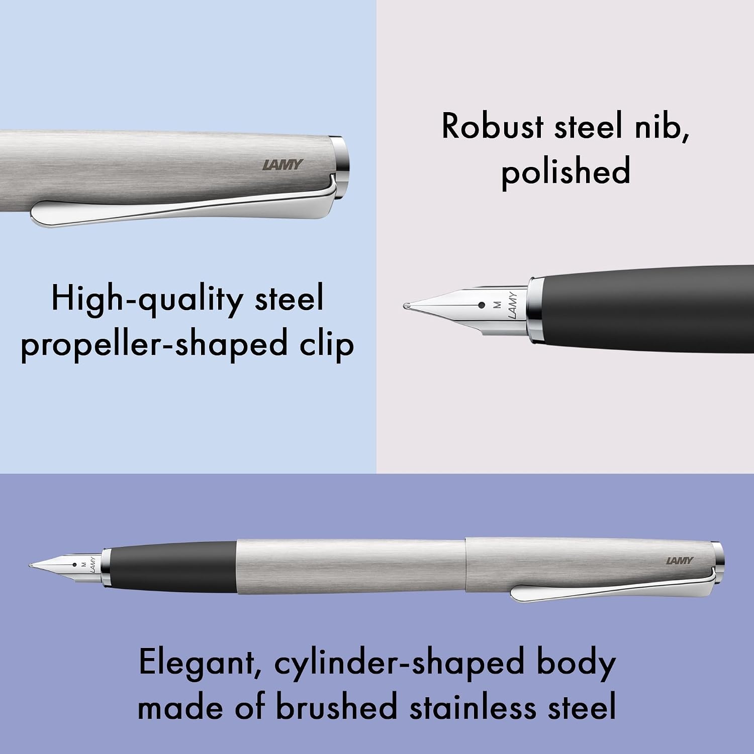 image:imageLamy studio black Fountain Pen in elegant metal body steel nib partially platinumplated amp in nib size M incl T 10 blue ink cartridgebrushed