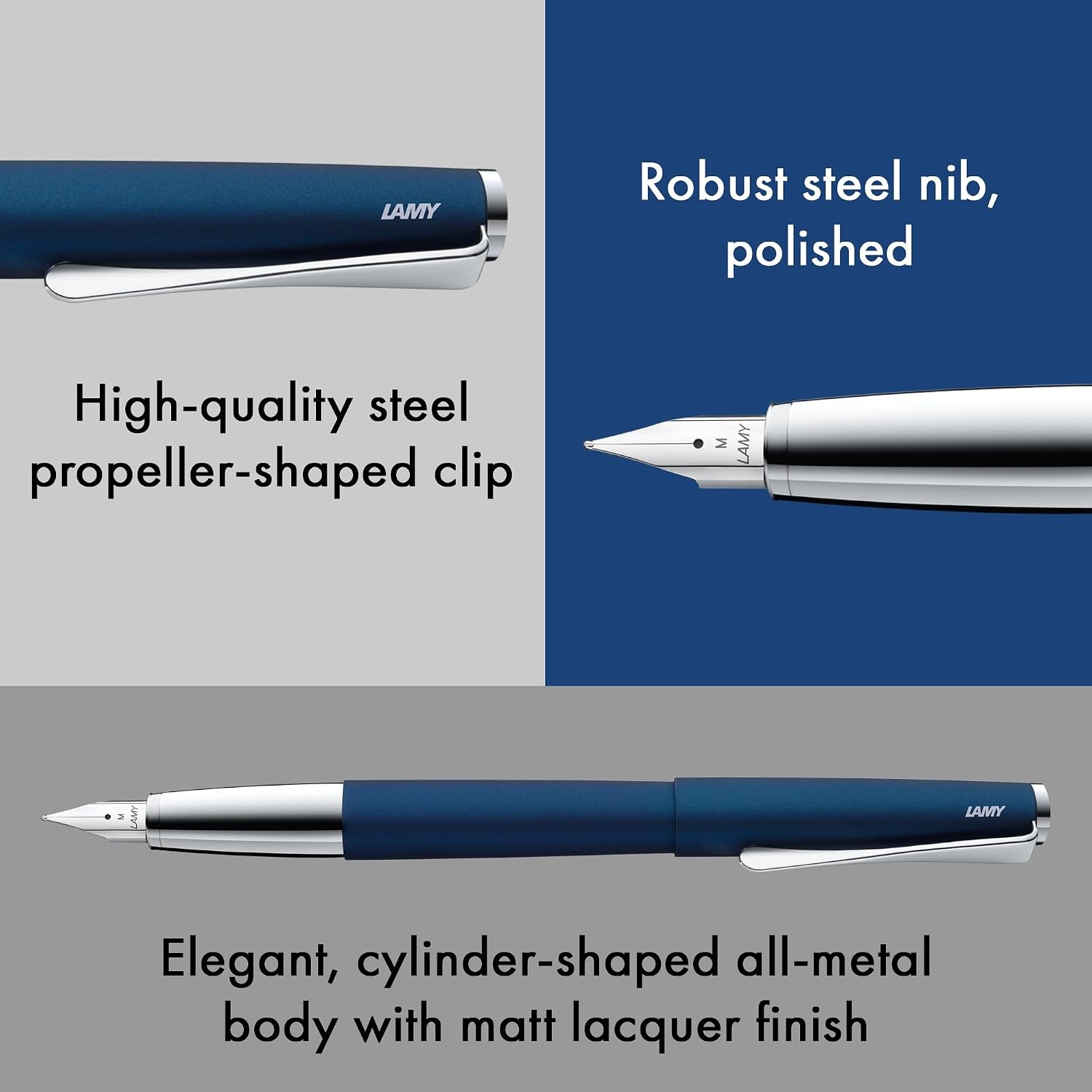 image:imageLamy studio black Fountain Pen in elegant metal body steel nib partially platinumplated amp in nib size M incl T 10 blue ink cartridgeimperialblue