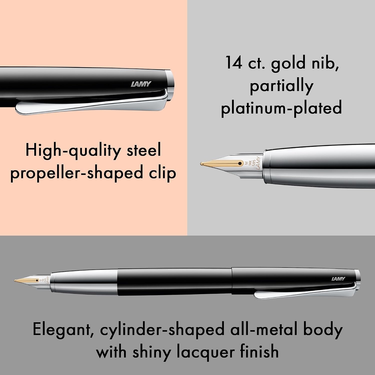 image:imageLamy studio black Fountain Pen in elegant metal body steel nib partially platinumplated amp in nib size M incl T 10 blue ink cartridgepianoblack