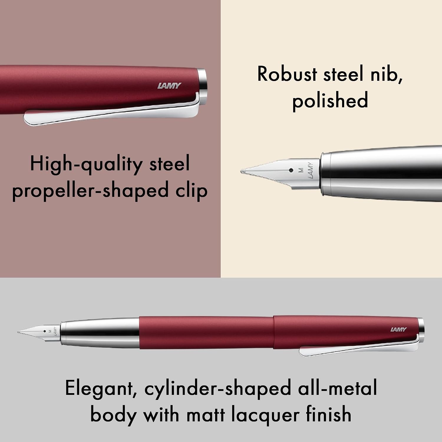 image:imageLamy studio black Fountain Pen in elegant metal body steel nib partially platinumplated amp in nib size M incl T 10 blue ink cartridgeroyalred