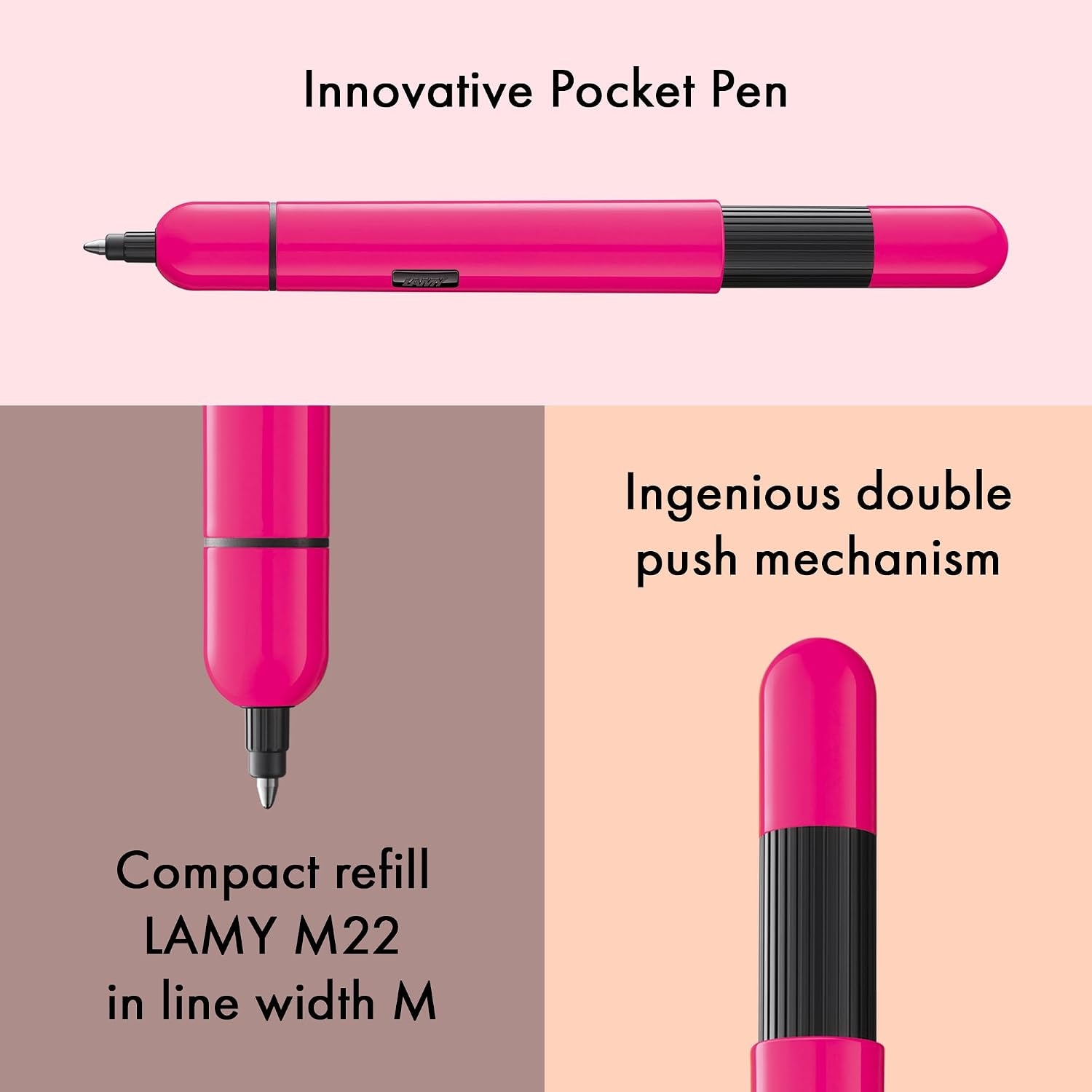 image:imageLAMY Pico 288 Small Pocket Ballpoint Pen Metal in Lacquer Finish in Laser Orange with Push Mechanism Includes Compact Refill Lamy M 22 Line Width M in Black Pack of 1Neon Pink