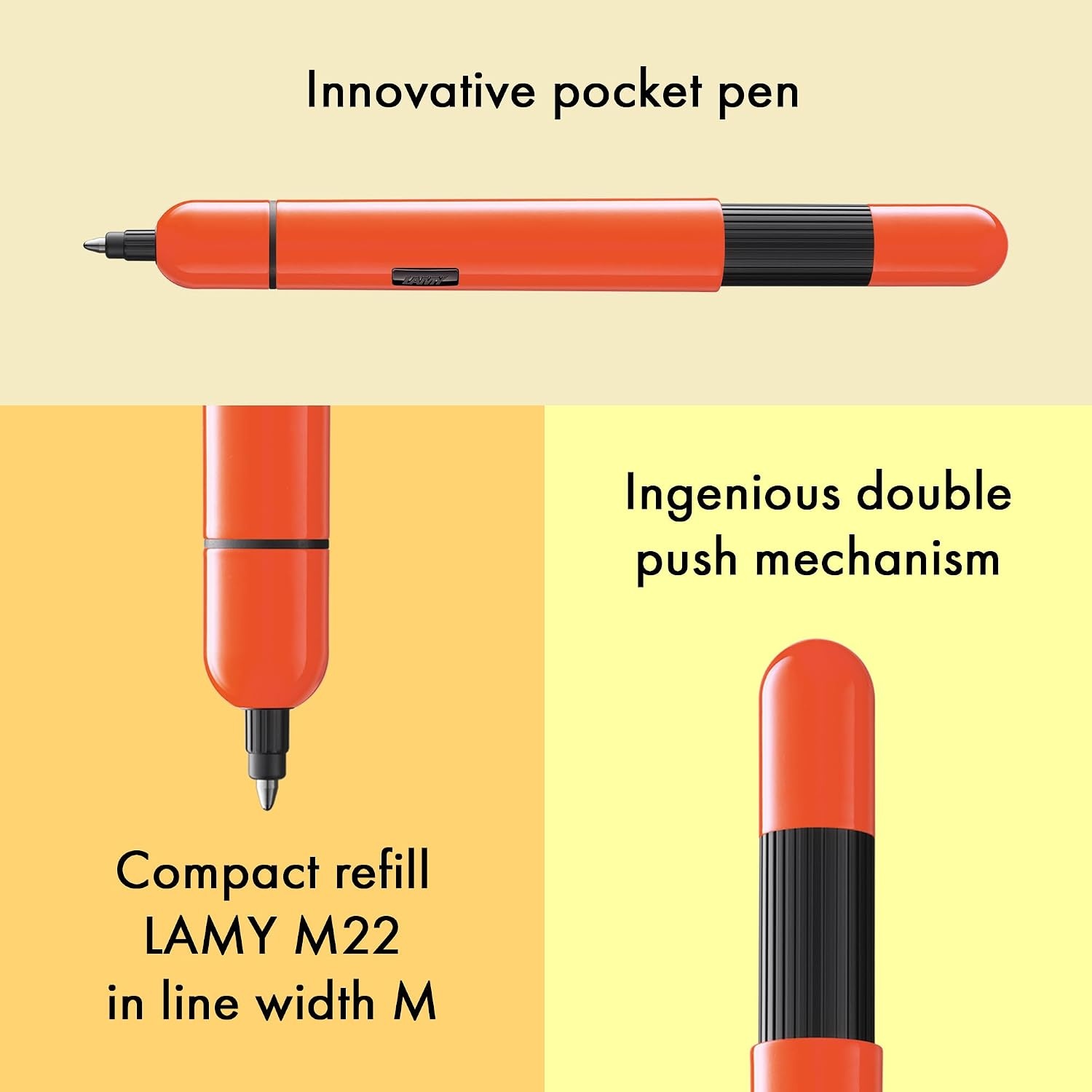 image:imageLAMY Pico 288 Small Pocket Ballpoint Pen Metal in Lacquer Finish in Laser Orange with Push Mechanism Includes Compact Refill Lamy M 22 Line Width M in Black Pack of 1Laser Orange