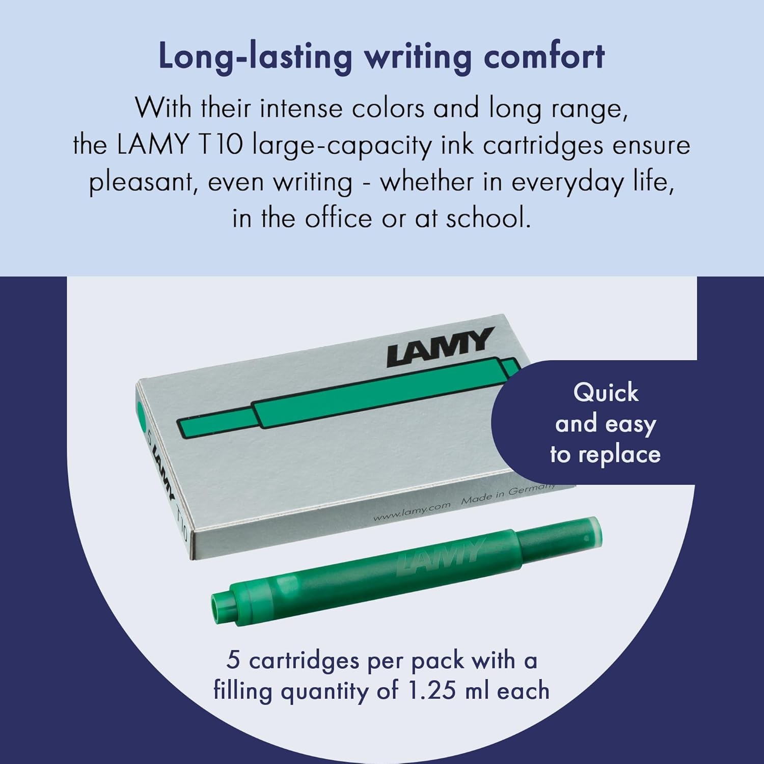 image:imageLAMY T10 Ink cartridges with Large Ink Capacity Suitable for All Lamy Fountain Pen Models Contents 125 ml per Cartridge 5 Pieces per Pack Ink Color Turquoisemetal
