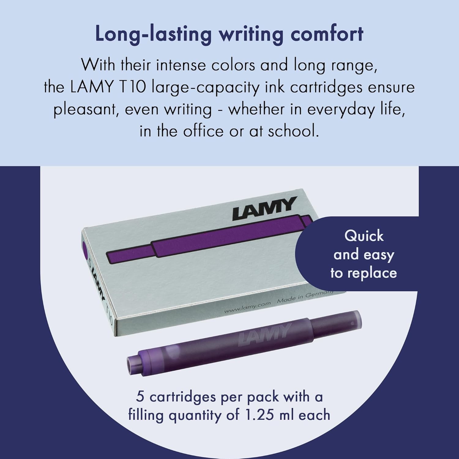 image:imageLAMY T10 Ink cartridges with Large Ink Capacity Suitable for All Lamy Fountain Pen Models Contents 125 ml per Cartridge 5 Pieces per Pack Ink Color TurquoisePlastic