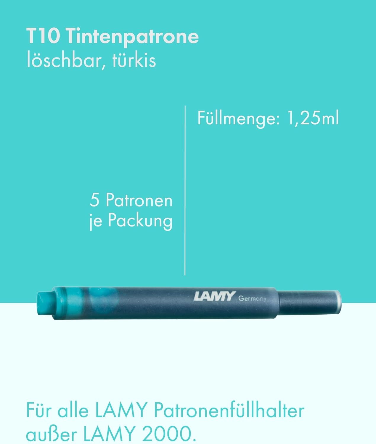 image:imageLAMY T10 Ink cartridges with Large Ink Capacity Suitable for All Lamy Fountain Pen Models Contents 125 ml per Cartridge 5 Pieces per Pack Ink Color Turquoiseturquoise