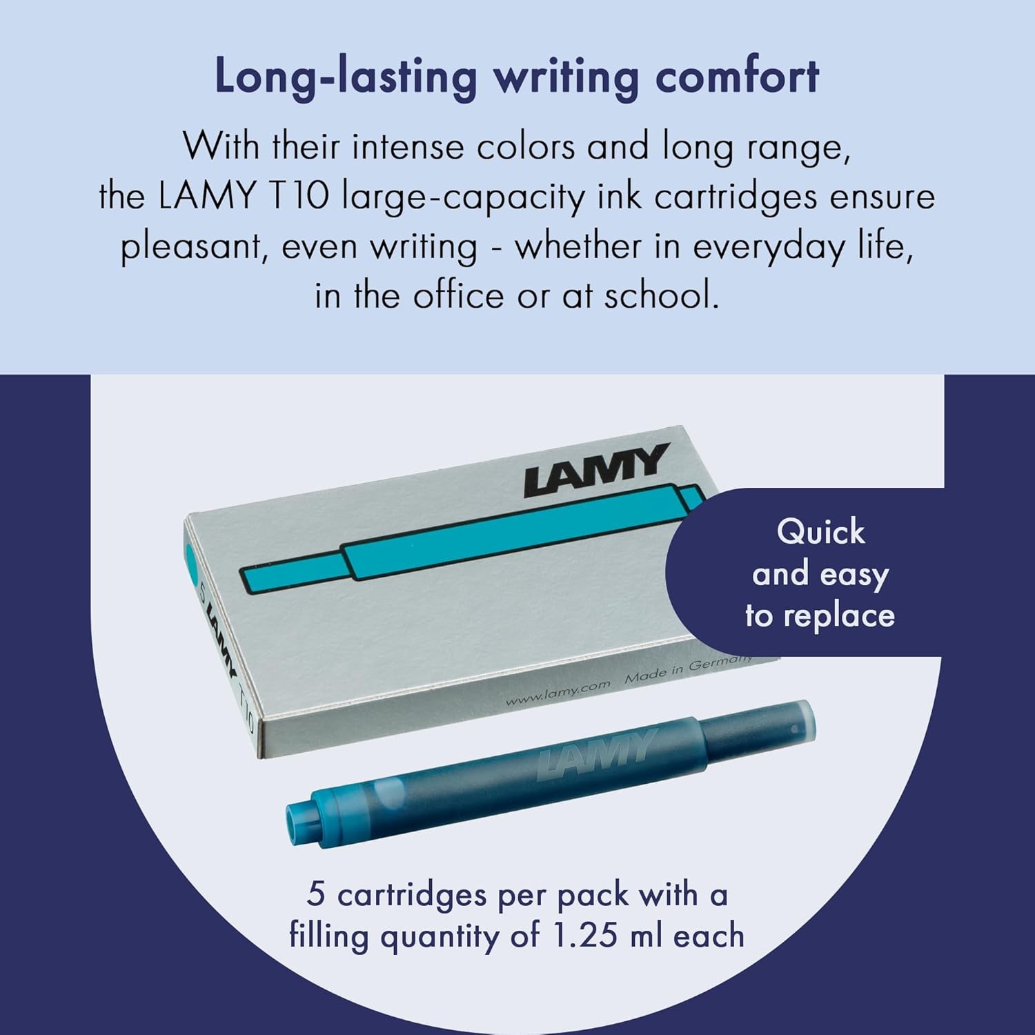 image:imageLAMY T10 Ink cartridges with Large Ink Capacity Suitable for All Lamy Fountain Pen Models Contents 125 ml per Cartridge 5 Pieces per Pack Ink Color Turquoiseturquoise