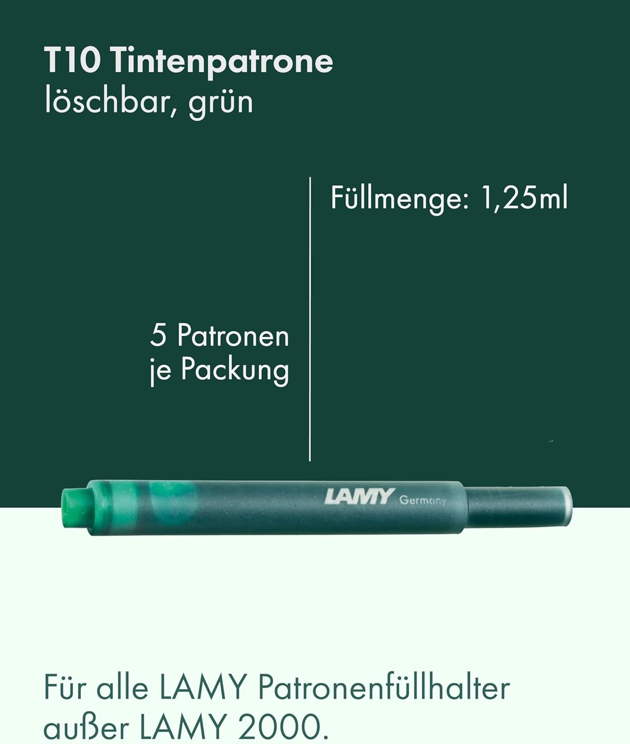 image:imageLAMY T10 Ink cartridges with Large Ink Capacity Suitable for All Lamy Fountain Pen Models Contents 125 ml per Cartridge 5 Pieces per Pack Ink Color Turquoisegreen