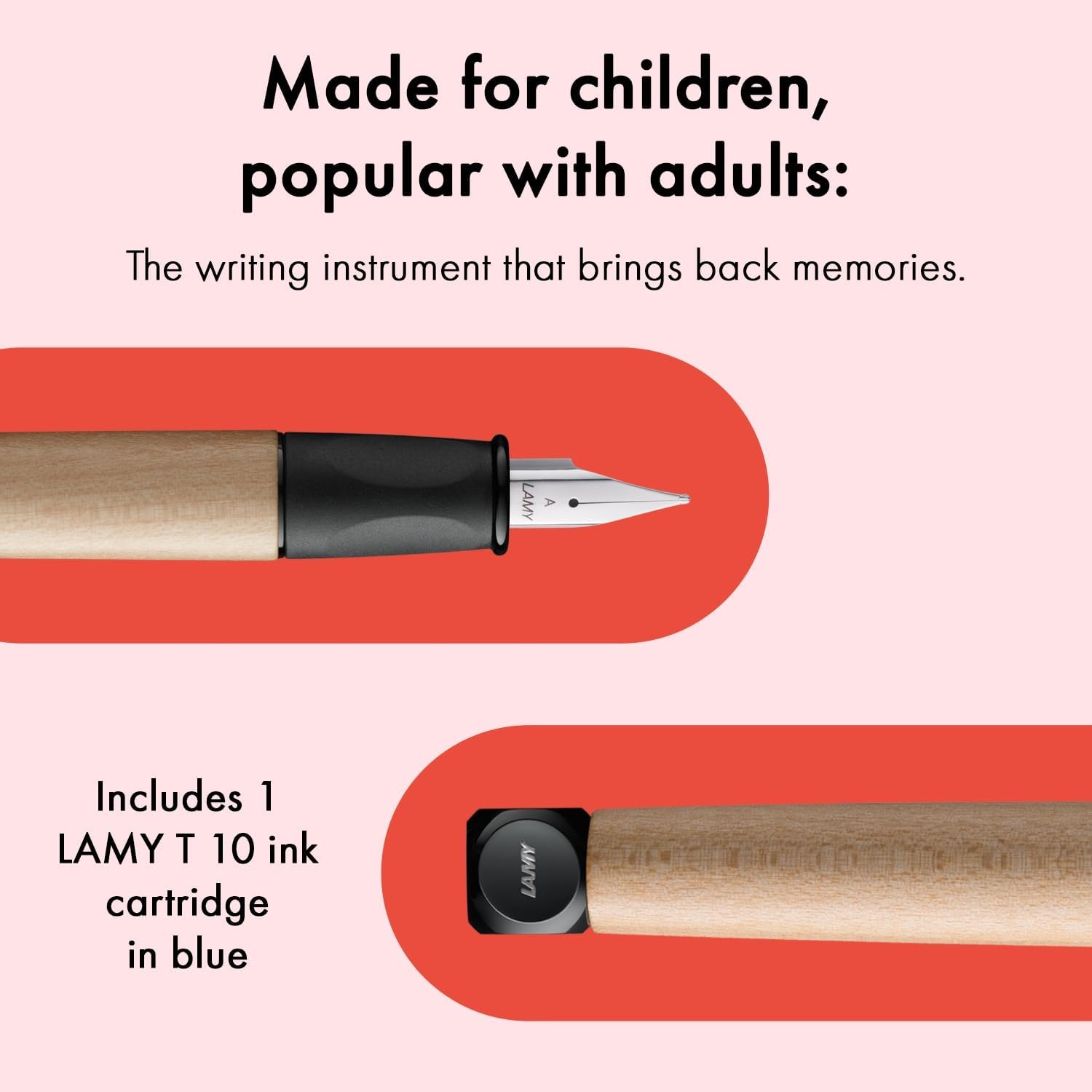 image:imageLAMY abc blue childfriendly Fountain Pen for writing beginners with ergonomic grip amp polished steel nib in size A robust maple wood including LAMY T 10 blue ink cartridge RightHandedBlack