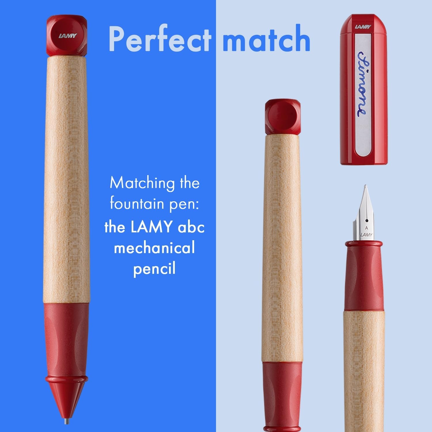 image:imageLAMY abc blue childfriendly Fountain Pen for writing beginners with ergonomic grip amp polished steel nib in size A robust maple wood including LAMY T 10 blue ink cartridge RightHandedRed