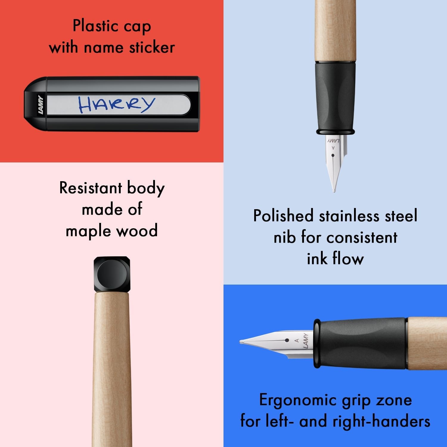 image:imageLAMY abc blue childfriendly Fountain Pen for writing beginners with ergonomic grip amp polished steel nib in size A robust maple wood including LAMY T 10 blue ink cartridge RightHandedBlack