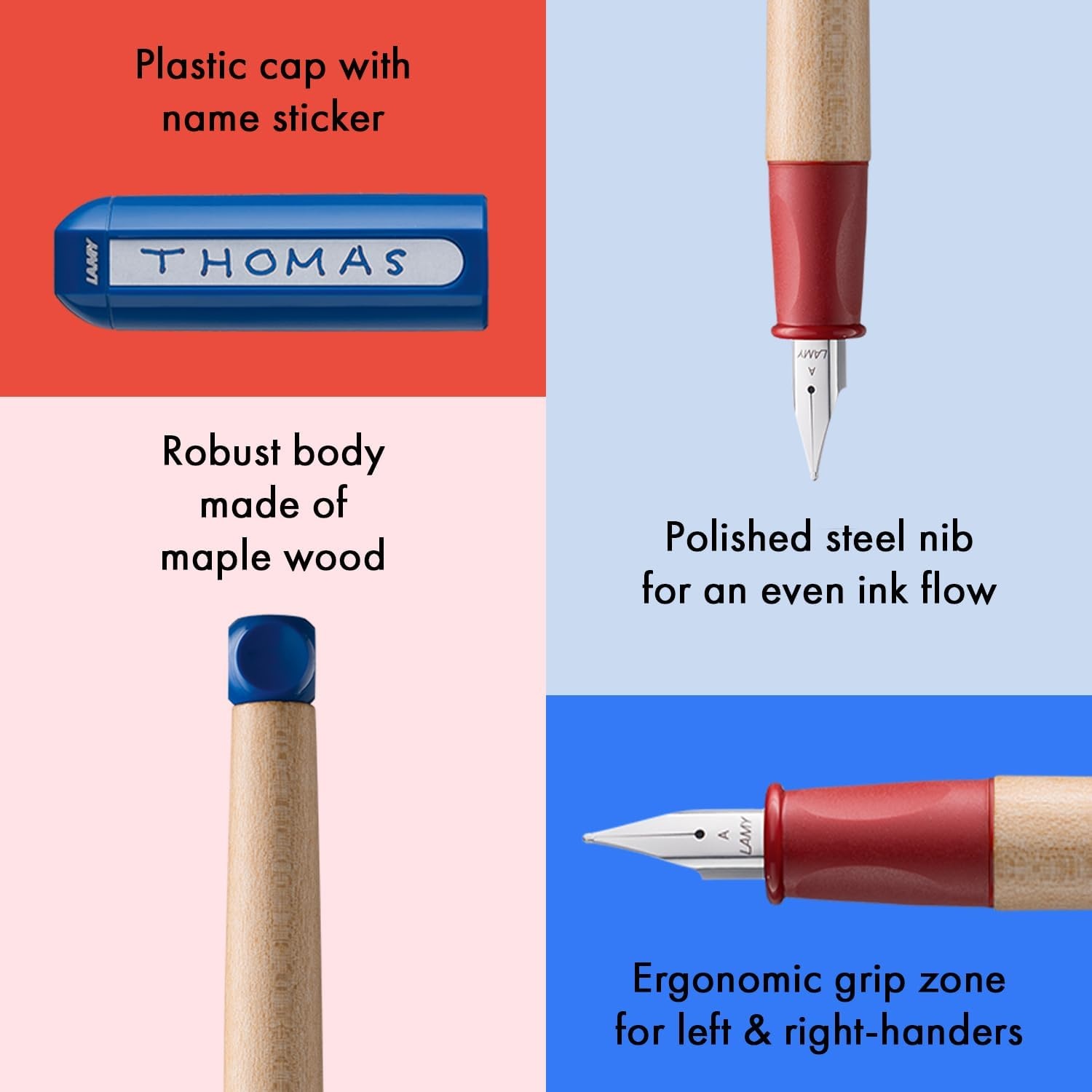 image:imageLAMY abc blue childfriendly Fountain Pen for writing beginners with ergonomic grip amp polished steel nib in size A robust maple wood including LAMY T 10 blue ink cartridge RightHandedRed