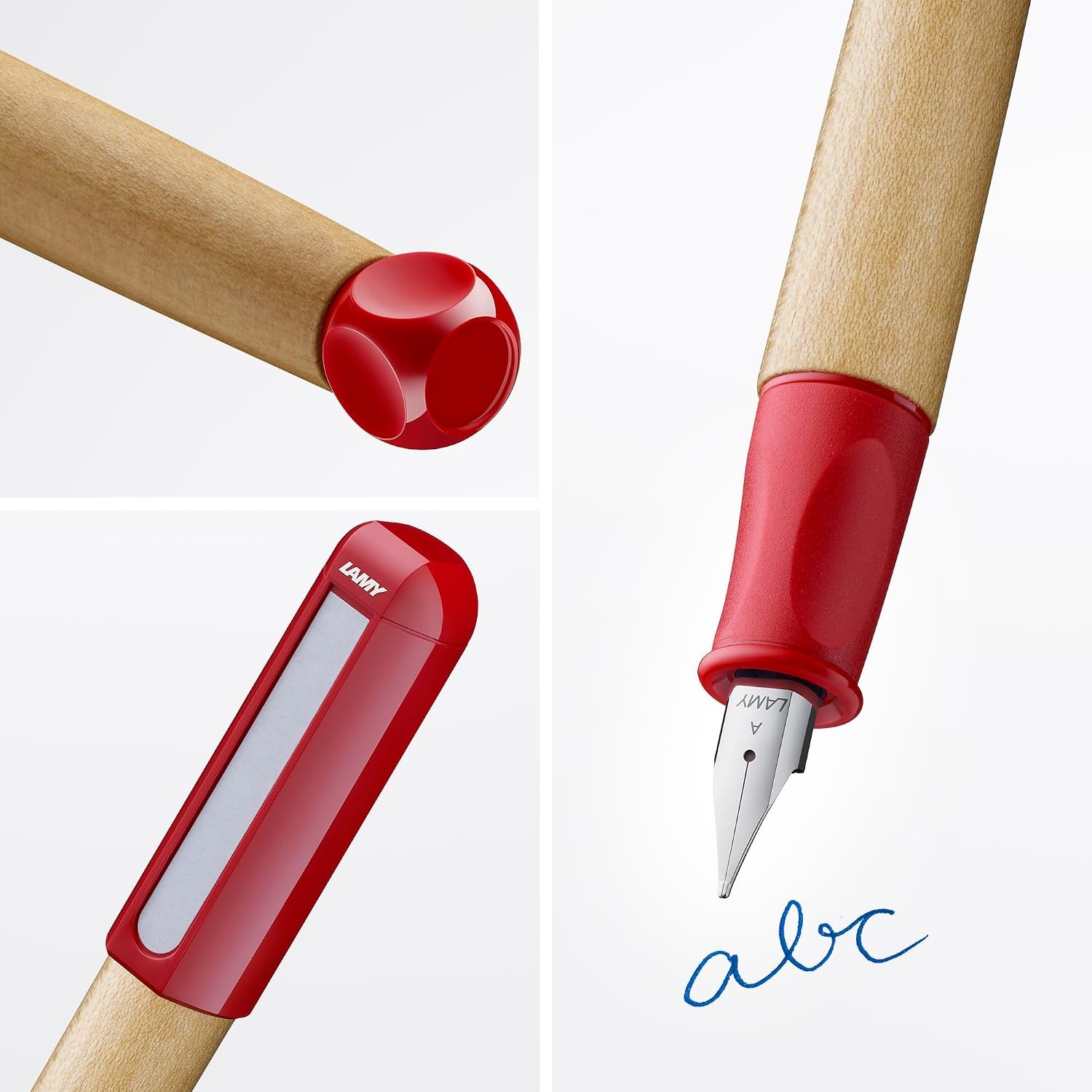 image:imageLAMY abc red childfriendly Fountain Pen for writing beginners with ergonomic grip amp polished steel nib in size A robust maple wood including LAMY T 10 blue ink cartridge RightHandedRed