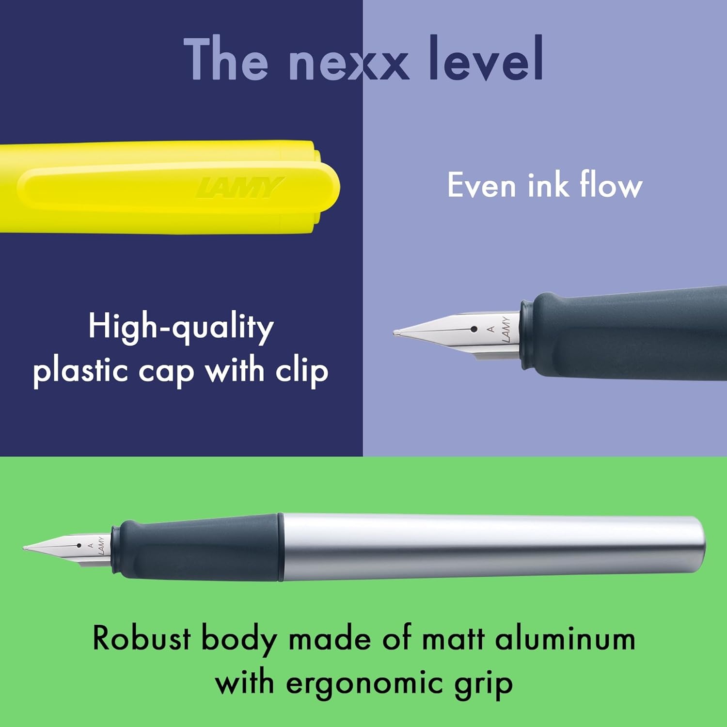image:imageLAMY nexx azure Fountain Pen with slipproof grip amp polished steel nib in size M triangular aluminum body including LAMY T 10 blue cartridge RightHandedneonyellow