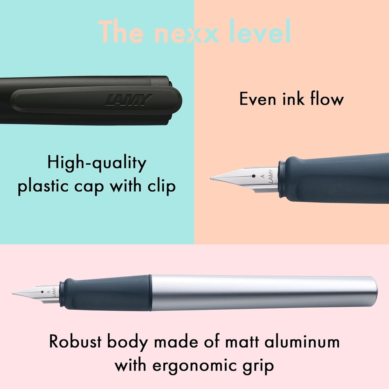 image:imageLAMY nexx azure Fountain Pen with slipproof grip amp polished steel nib in size M triangular aluminum body including LAMY T 10 blue cartridge RightHandedblack
