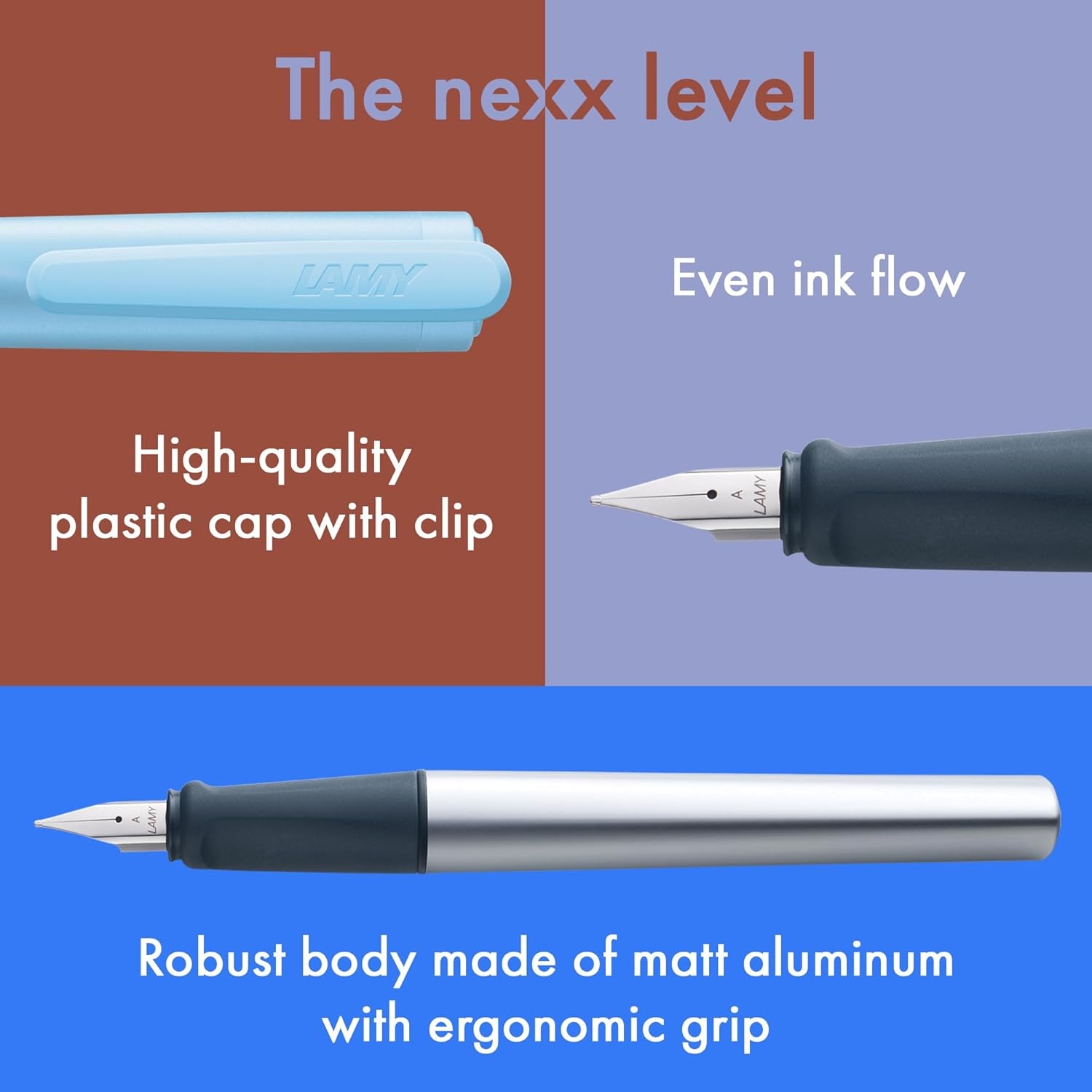 image:imageLAMY nexx azure Fountain Pen with slipproof grip amp polished steel nib in size M triangular aluminum body including LAMY T 10 blue cartridge RightHandedazure