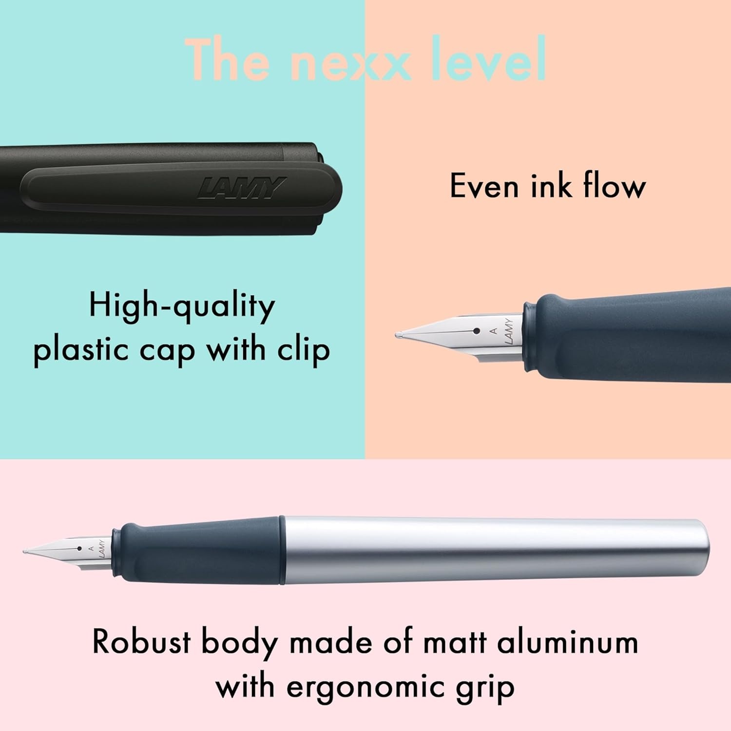 image:imageLAMY nexx azure Fountain Pen with slipproof grip amp polished steel nib in size M triangular aluminum body including LAMY T 10 blue cartridge RightHandedblack
