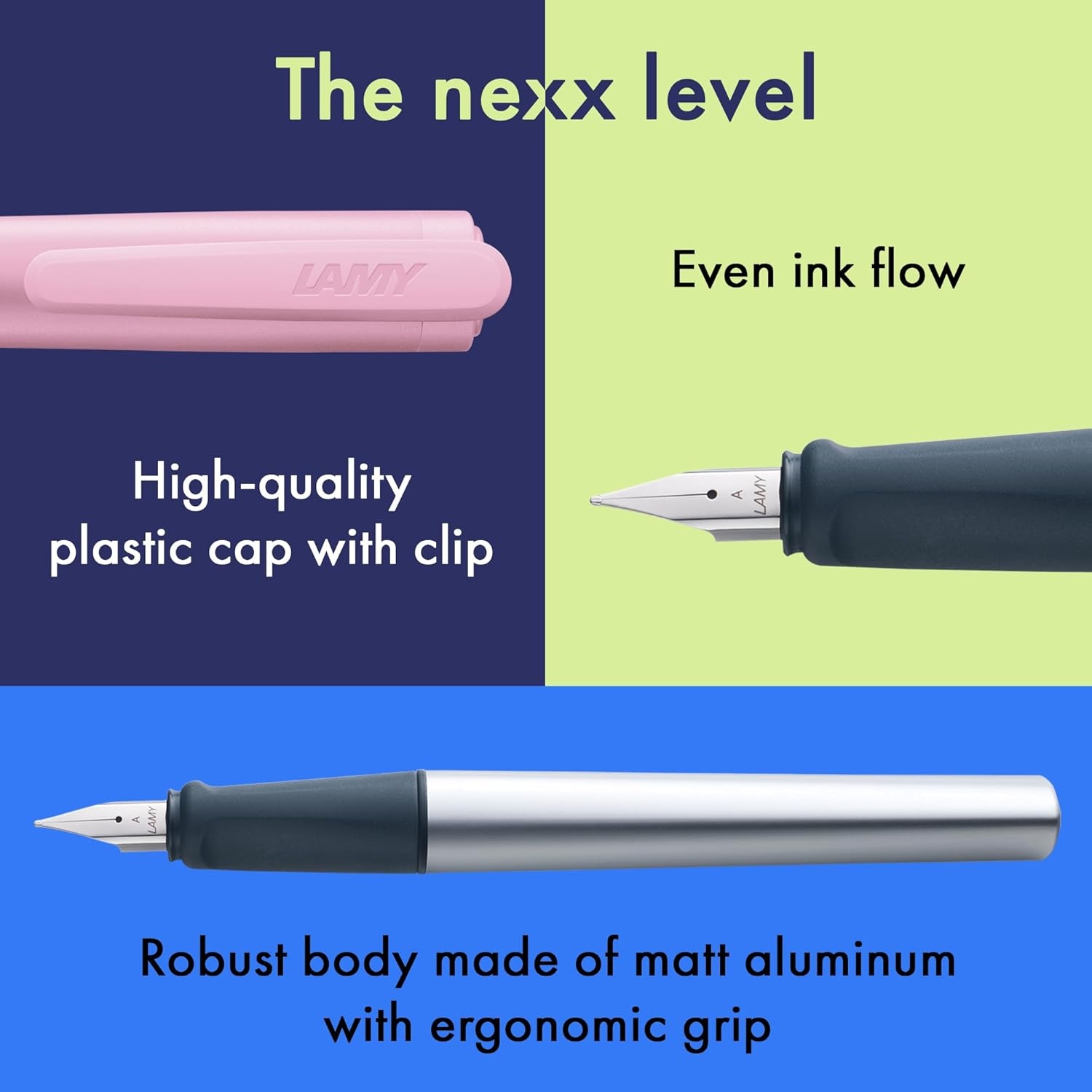 image:imageLAMY nexx azure Fountain Pen with slipproof grip amp polished steel nib in size M triangular aluminum body including LAMY T 10 blue cartridge RightHandedrose