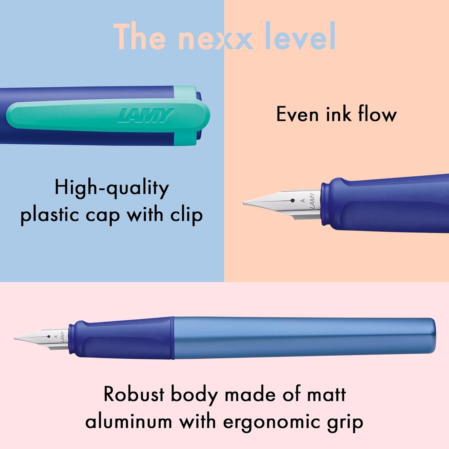 image:imageLAMY nexx azure Fountain Pen with slipproof grip amp polished steel nib in size M triangular aluminum body including LAMY T 10 blue cartridge RightHandedmultiblue
