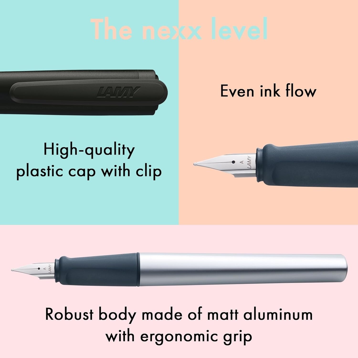 image:imageLAMY nexx azure Fountain Pen with slipproof grip amp polished steel nib in size M triangular aluminum body including LAMY T 10 blue cartridge RightHandedblack