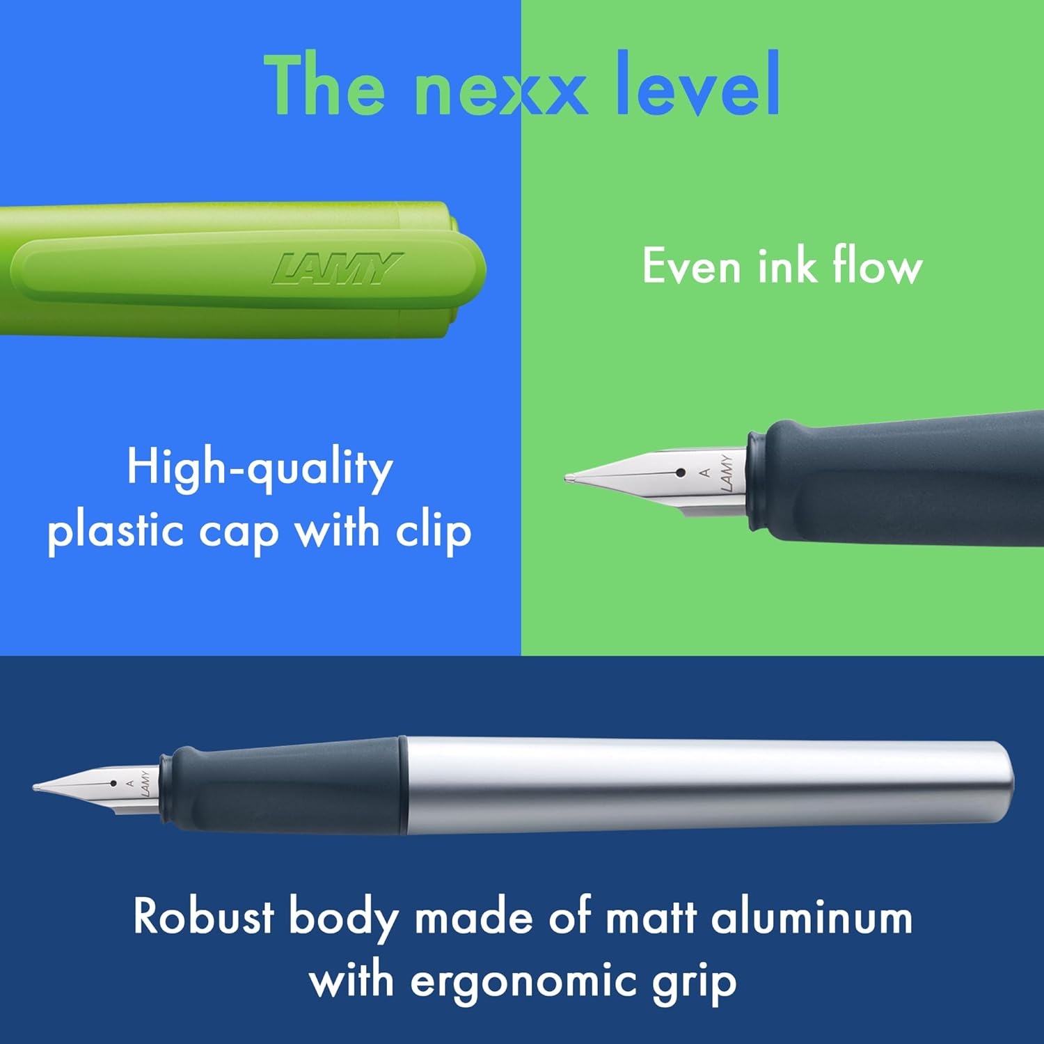 image:imageLAMY nexx azure Fountain Pen with slipproof grip amp polished steel nib in size M triangular aluminum body including LAMY T 10 blue cartridge RightHandedlime
