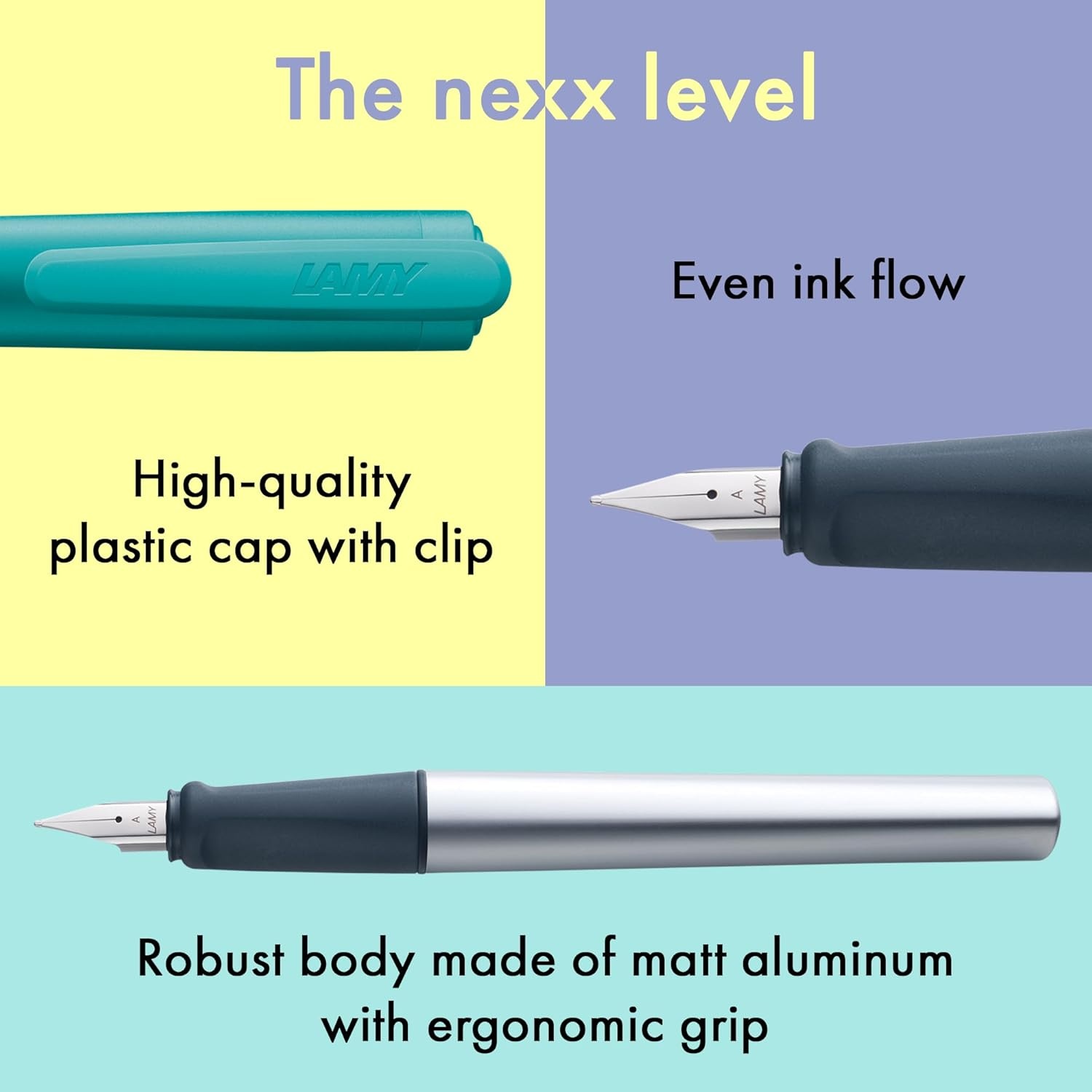 image:imageLAMY nexx azure Fountain Pen with slipproof grip amp polished steel nib in size M triangular aluminum body including LAMY T 10 blue cartridge RightHandedsmaragd