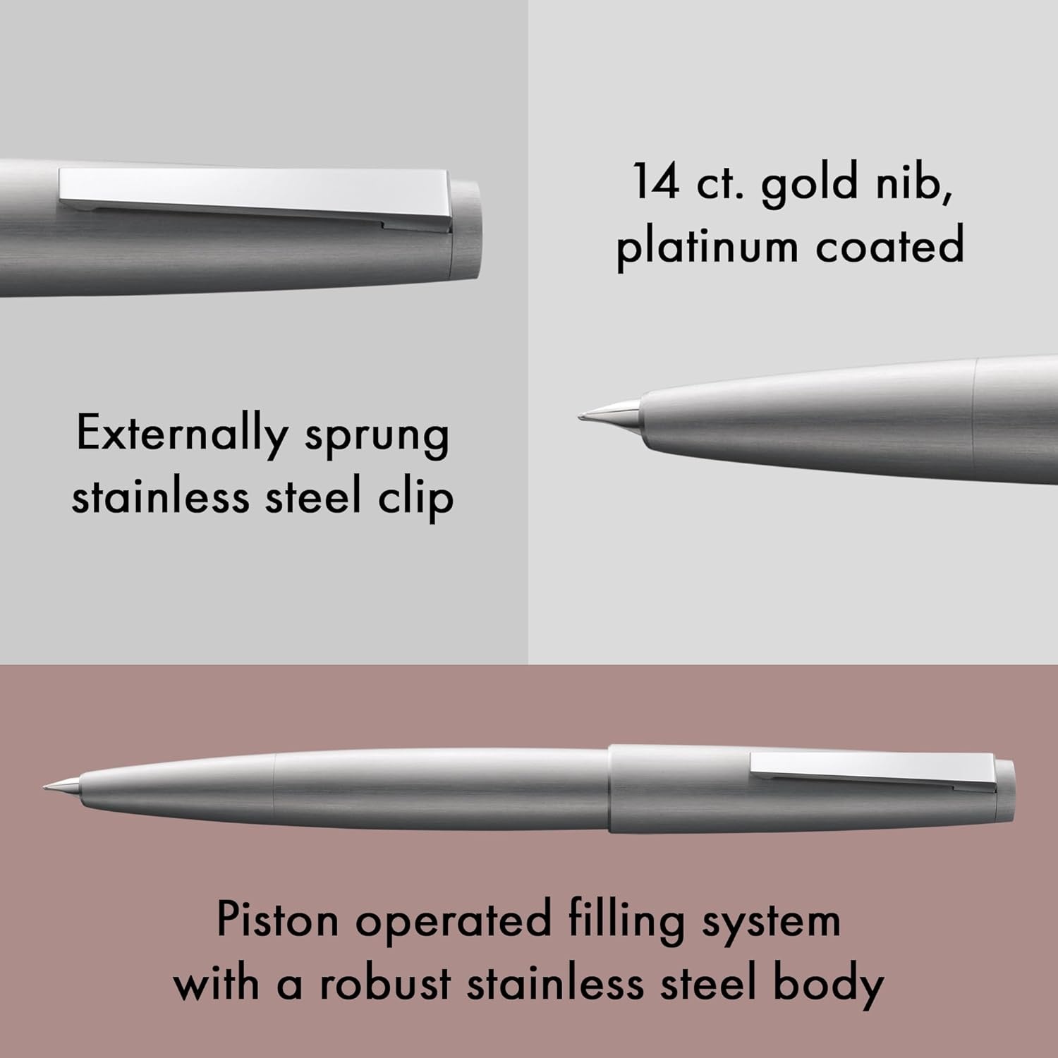 image:imageLamy 2000 silver elegant fountain pen in a velvety matt polished stainless steel barrel 14 ct gold nib partially platinumplated nib size OBB