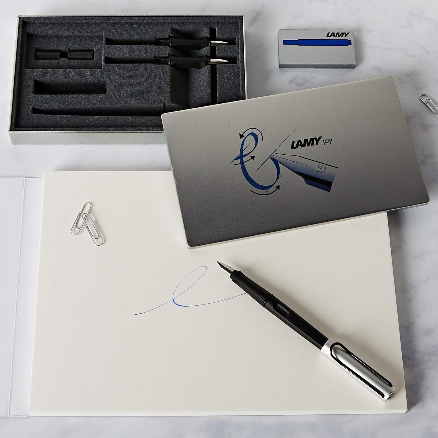 image:imageLamy joy black calligraphy fountain pen set fountain pen with 3 different nibs 111519 mm calligraphy pen with ribbon nib amp ergonomic grip incl 5 T 10 blue ink cartridgesAL Black