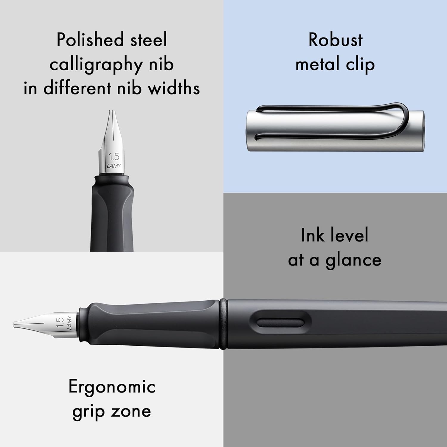 image:imageLamy joy black calligraphy fountain pen set fountain pen with 3 different nibs 111519 mm calligraphy pen with ribbon nib amp ergonomic grip incl 5 T 10 blue ink cartridgesAL Black