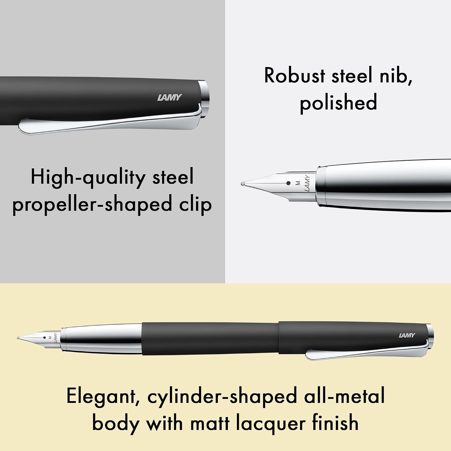 image:imageLamy studio black Fountain Pen in elegant metal body steel nib partially platinumplated amp in nib size F incl T 10 blue ink cartridge