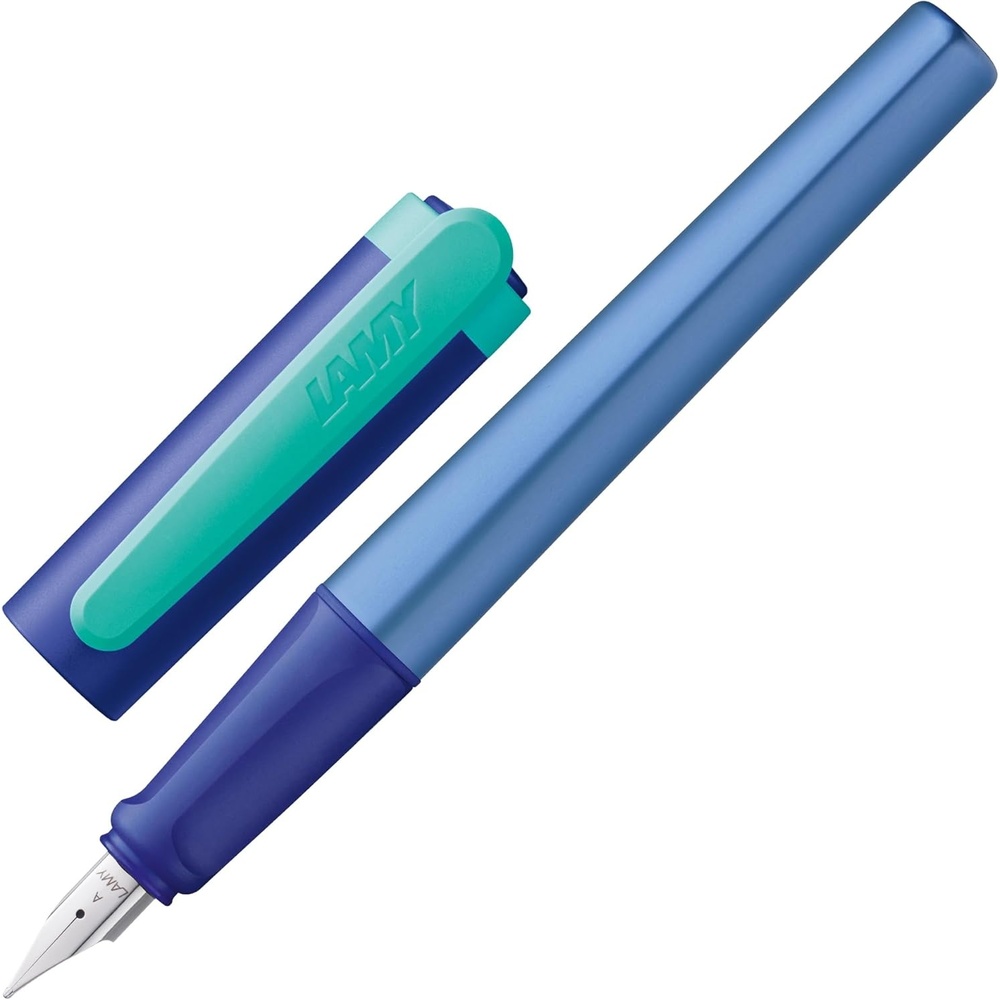 image:imageLAMY nexx azure Fountain Pen with slipproof grip amp polished steel nib in size M triangular aluminum body including LAMY T 10 blue cartridge RightHandedmultiblue